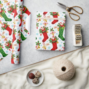 Papel De Presente Papas de Natal Vintage em Meias em Pequena Escala