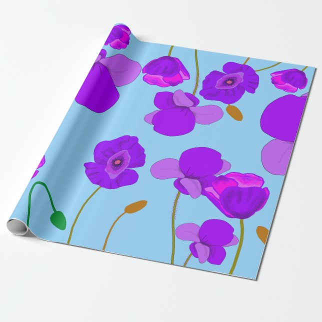 Papel De Presente Papaver Poppy Lilac sobre fundo azul pálido (Desenrolado)
