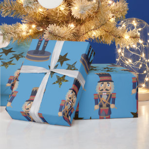 Papel De Presente Papel Azul e Quebra-Nozes de Natal