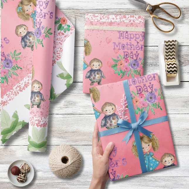 Papel De Presente Papel bonito de enrolamento de crianças flexíveis  (Pretty Mother's Day Floral Kids Wrapping Paper)