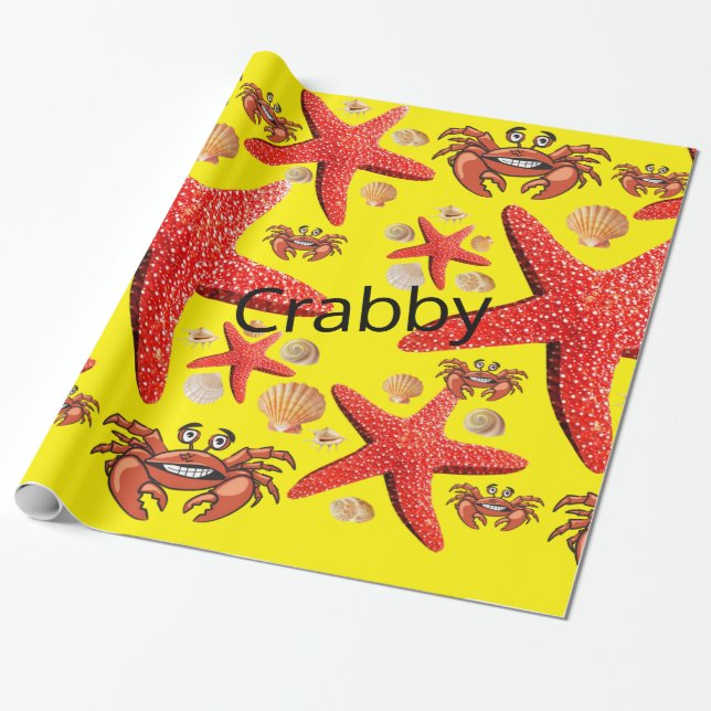 Papel De Presente Papel Brilhante, Caranguejos Starfish Amarelo Verm (Desenrolado)