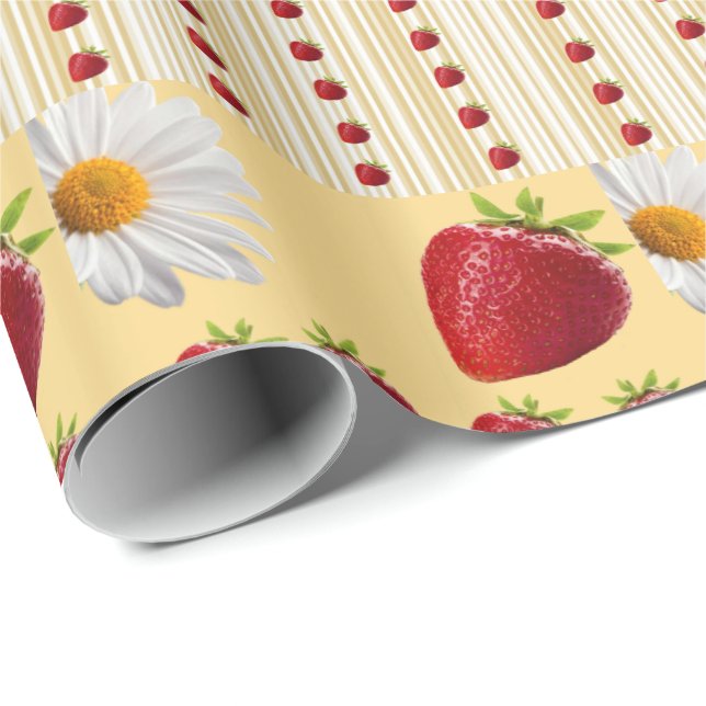 Papel De Presente Papel Brilhante Espalhante Daisy White Strawberry (Ponta do rolo)