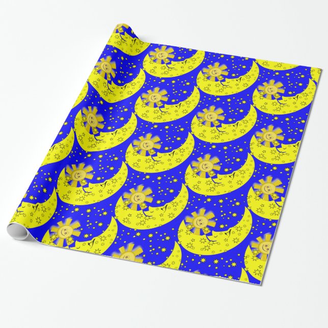 Papel De Presente Papel Brilhante, Sun Moon Blue Yellow (Desenrolado)