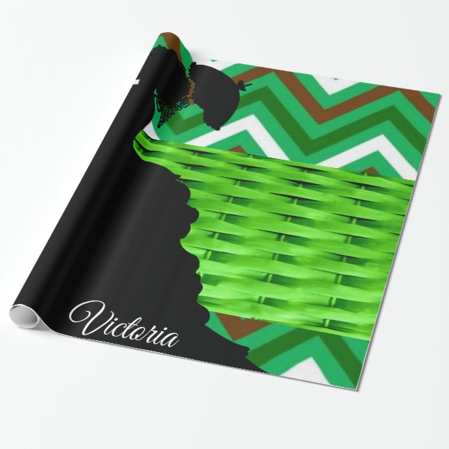 Papel De Presente Papel Brilhante, Vitoriano da faixa verde (Desenrolado)