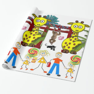 Papel De Presente Papel Brilhante, Zoo Giraffe Macaco