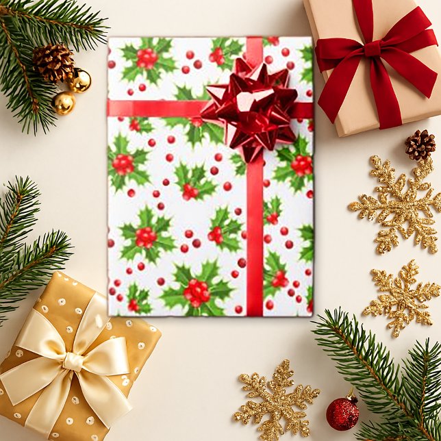 Papel De Presente Papel Clássico Vermelho Holly de Natal Floral (Criador carregado)