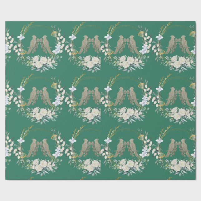 Papel De Presente Papel de embalagem rosa de ouro verde e aves branc (Barra)