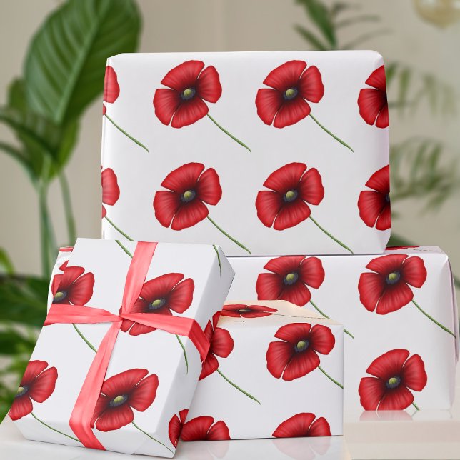 Papel De Presente Papel de emblema vermelho e branco, padrão das flo (A pretty red poppy wrapping paper for all your gifts any time of the year. )