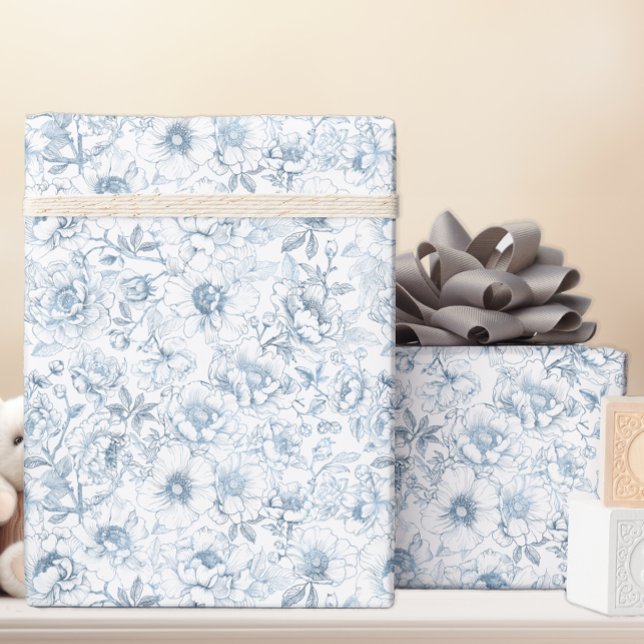 Papel De Presente Papel de embrulhamento floral a azul de Chinoiseri (Dusty Blue Floral Gift Wrap)