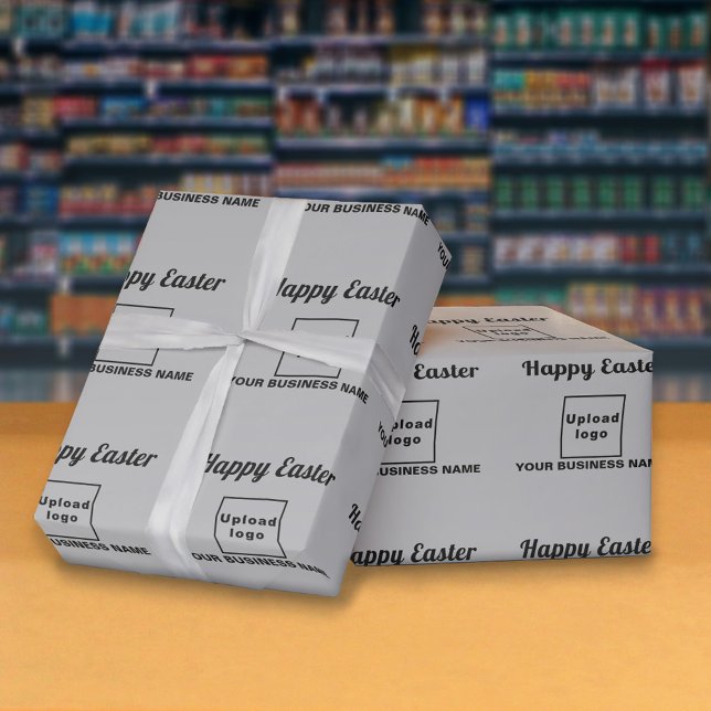 Papel De Presente Papel de empacotamento de Páscoas para empresas da (Gray wrapping paper with seamless pattern of Easter greeting, your business name and logo)
