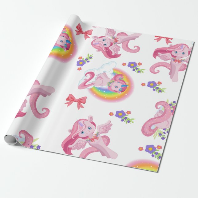 Papel De Presente Papel de empacotamento do padrão Rainbow Unicorn c (Desenrolado)