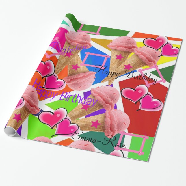 Papel De Presente Papel de enrolamento brilhante, Sorvete de morango (Desenrolado)