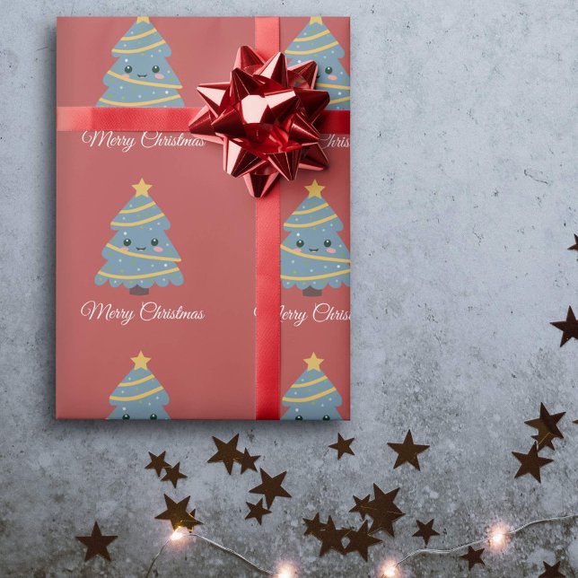 Papel De Presente Papel de enrolamento de árvores de Natal Kawaii (Kawaii Christmas Tree Red Wrapping Paper)