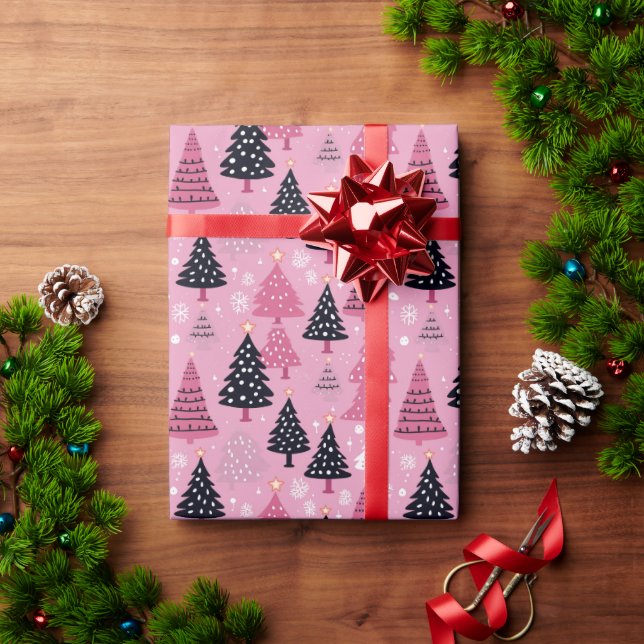 Papel De Presente Papel de enrolamento de árvores de Natal rosa e pr (Presente de Natal)
