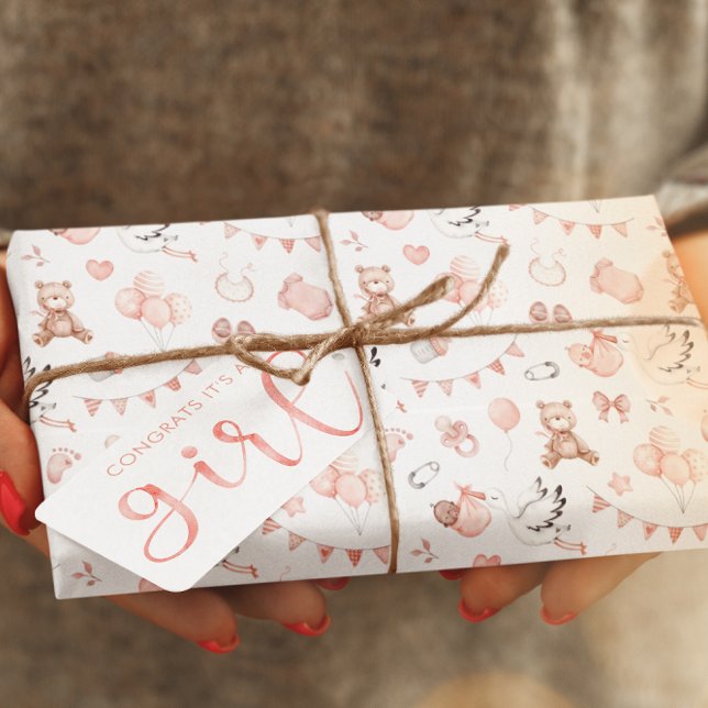 Papel De Presente Papel de enrolamento de Chás para bebês (Celebrate a new baby girl with this adorable watercolor bear and stork wrapping paper! )