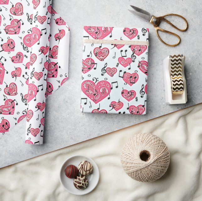 Papel De Presente Papel de enrolamento de corações vermelhos e músic (Artesanato)