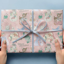 Papel De Presente Papel de enrolamento de Natal Verde Retro-Rosa Ado
