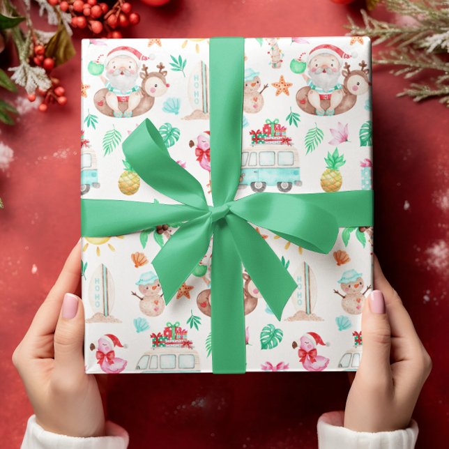 Papel De Presente Papel de enrolamento de Papais noeis tropicais (Celebrate Christmas in July or from somewhere tropical with this cute Santa wrapping paper! )