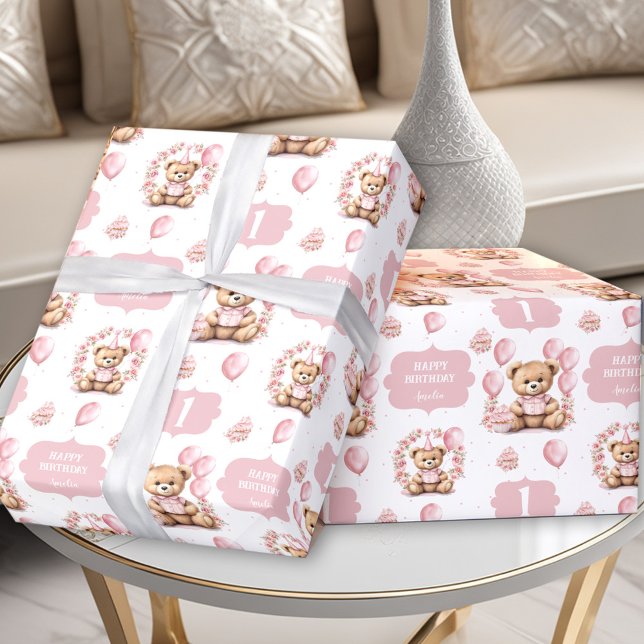 Papel De Presente Papel de enrolamento do nome do primeiro aniversar (Cute Bear Pink 1st Birthday Name Wrapping Paper)