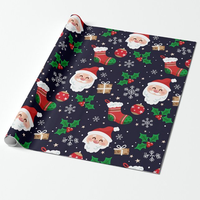 Papel De Presente Papel de enrolamento em flocos de neve de Natal (A festive wrapping paper featuring cheerful Santa faces, stocking, and holiday motifs.  )