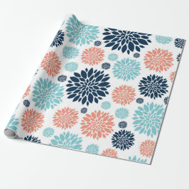 Papel De Presente Papel de enrolamento floral azul e coral