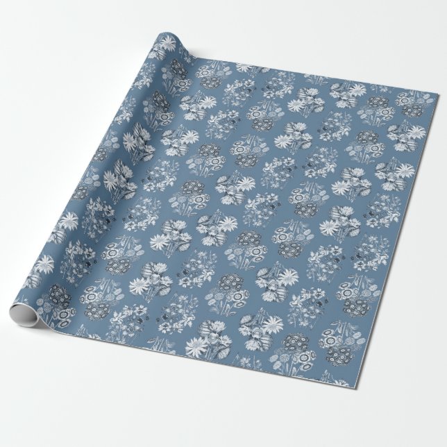Papel De Presente Papel de enrolamento Floral Monocromático Azul Pál (Desenrolado)