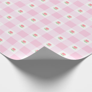 Papel De Presente Papel de enrolamento Gingham Pastel Pink com Tulip