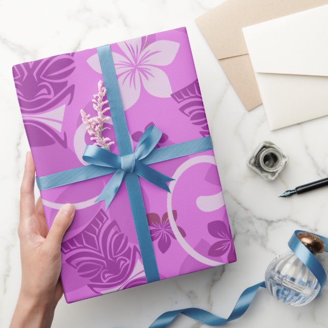 Papel De Presente Papel de enrolamento havaiano de Tikis, rosa e púr (Presentear)