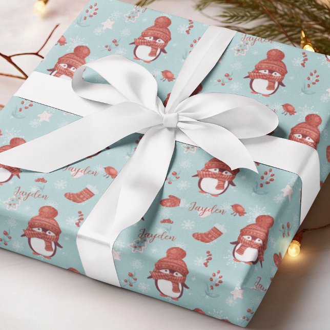 Papel De Presente Papel de enrolamento personalizado do nome do ping (Cute Penguin Name Personalized Wrapping Paper
)