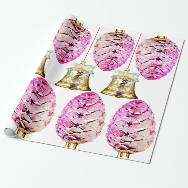 Papel De Presente Papel de enrolamento Pinecones e Sinos Rosa (Desenrolado)