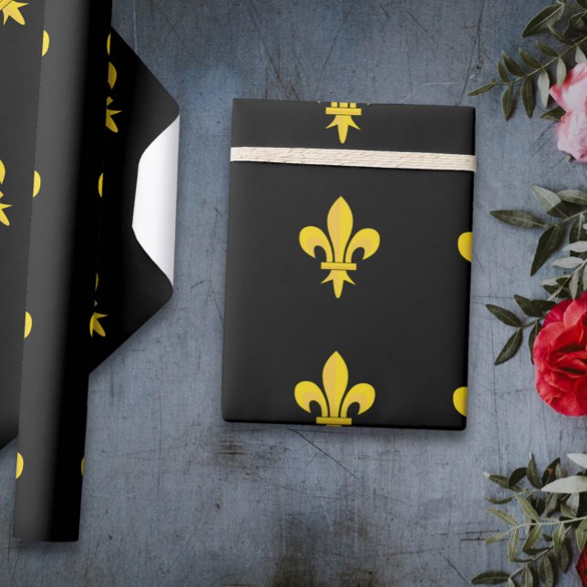 Papel De Presente Papel de enrolamento preto com Fleur de Lis dourad (Black Wrapping Paper with gold Fleur de Lis)