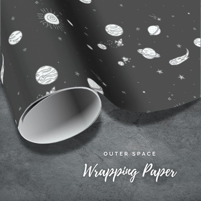 Papel De Presente Papel de enrolamento preto e branco do espaço exte (Outer Space Black & White Wrapping Paper)