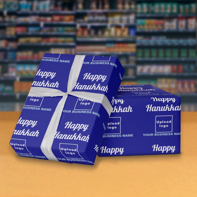 Papel De Presente Papel de moldagem azul do Hanukkah para empresas (Hanukkah greeting, business name and logo on blue wrapping paper)