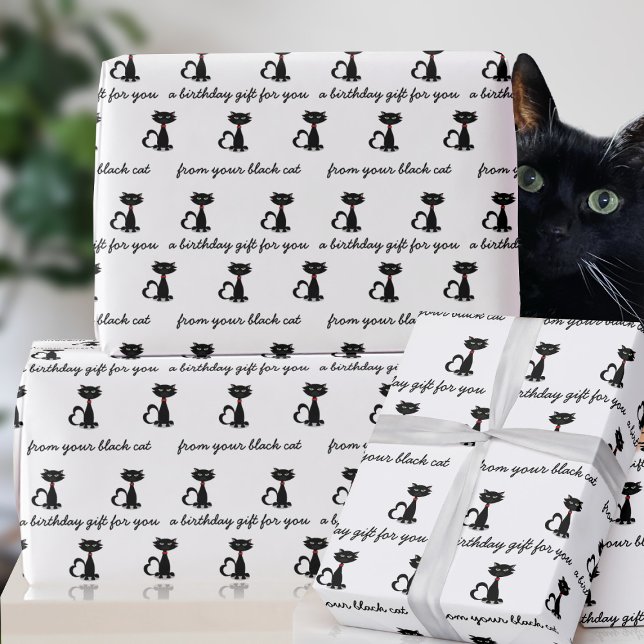 Papel De Presente Papel de moldagem de aniversário para gatos person (Purrfect wrapping paper for your black cat. Just add your birthday greeting)