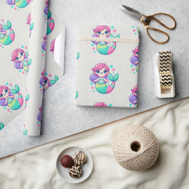 Papel De Presente Papel de moldagem de sereia de cartoons bonitos|Qu (Artesanato)