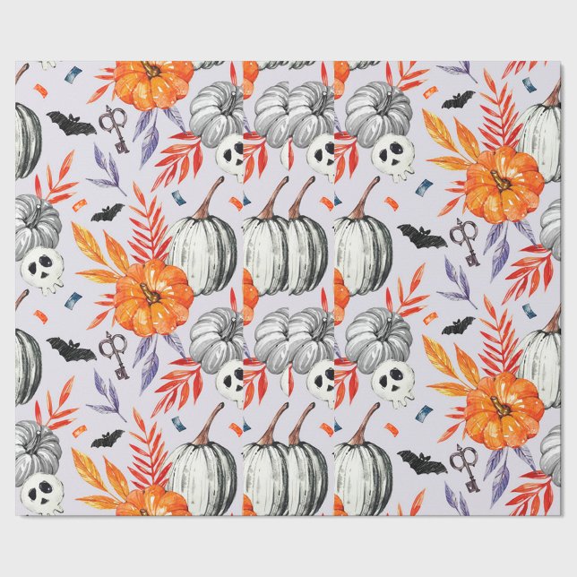 Papel De Presente Papel de moldagem do Halloween (A vibrant, animated textile pattern featuring pumpkins, skulls, and autumn leaves. )