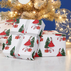 Papel De Presente Papel de Natal com padrão feminino e árvore