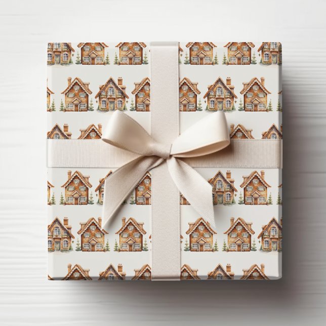 Papel De Presente Papel de ondulação para casas de pão de especiaria (Vintage Watercolor Gingerbread House Wrapping Paper by Painted Paperie
)