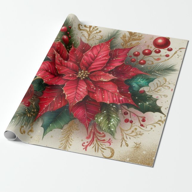 Papel De Presente Papel de Wraping Flor de Poinsettia Vermelha Natal (Desenrolado)
