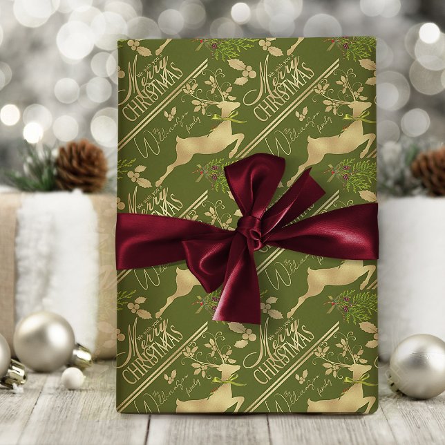 Papel De Presente Papel Elegante de Envolvimento para o Natal Feliz (elegant green and gold Christmas wrapping paper with personalized name or text)