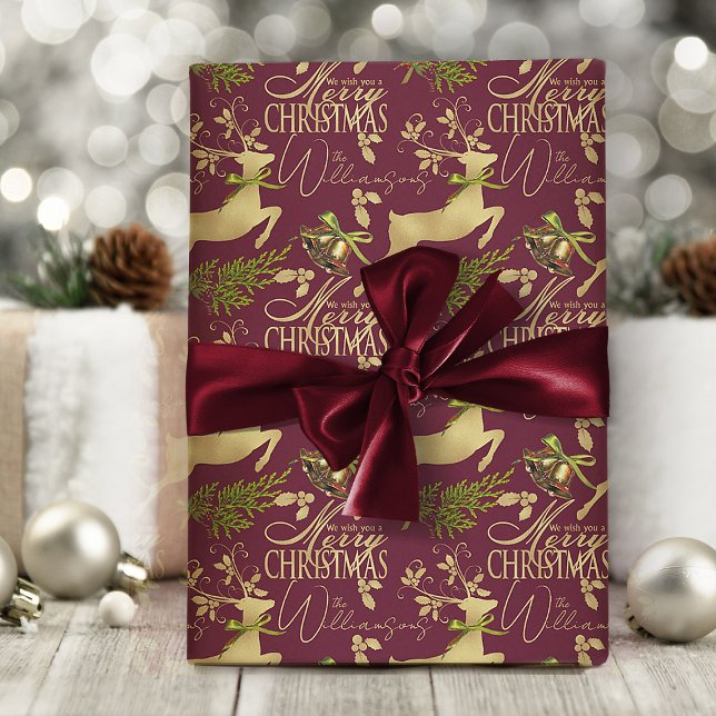 Papel De Presente Papel Elegante de Envolvimento para o Natal Feliz (elegant burgundy red and gold Christmas wrapping paper with personalized name or text)