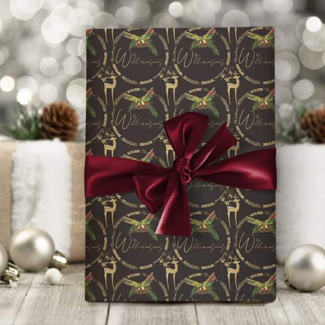 Papel De Presente Papel Elegante de Envolvimento para o Natal Feliz (elegant black and gold Christmas wrapping paper with personalized name or text)
