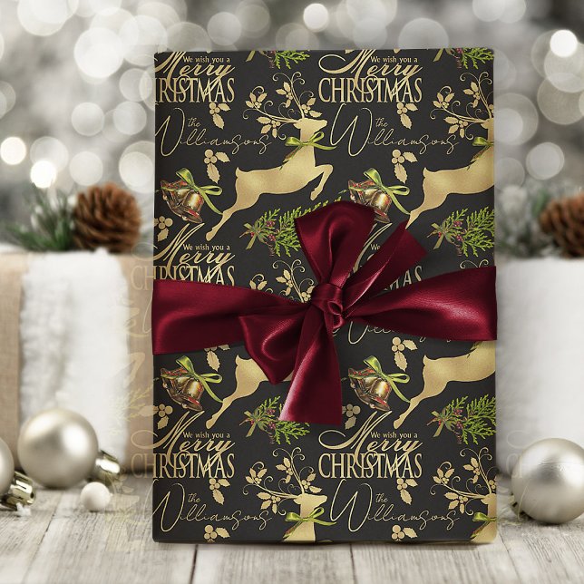 Papel De Presente Papel Elegante de Envolvimento para o Natal Feliz (elegant black and gold Christmas wrapping paper with personalized name or text)