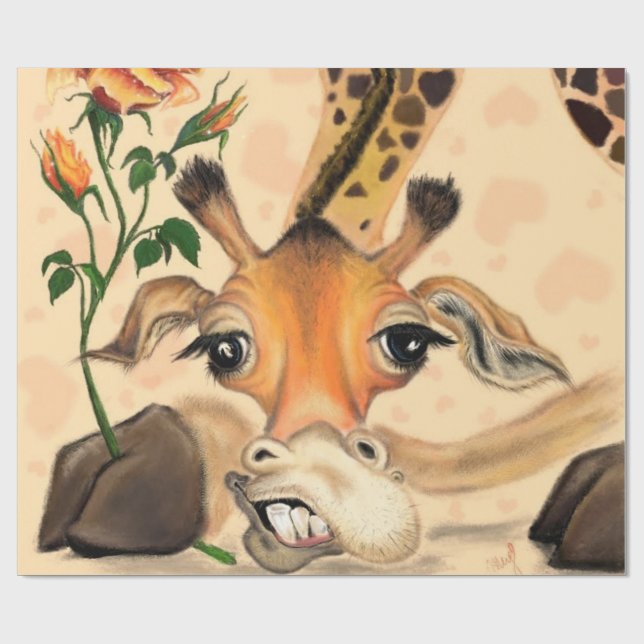 Papel De Presente Papel Enrolador Engraçado Girafa Romântica com Ros (Aberto)