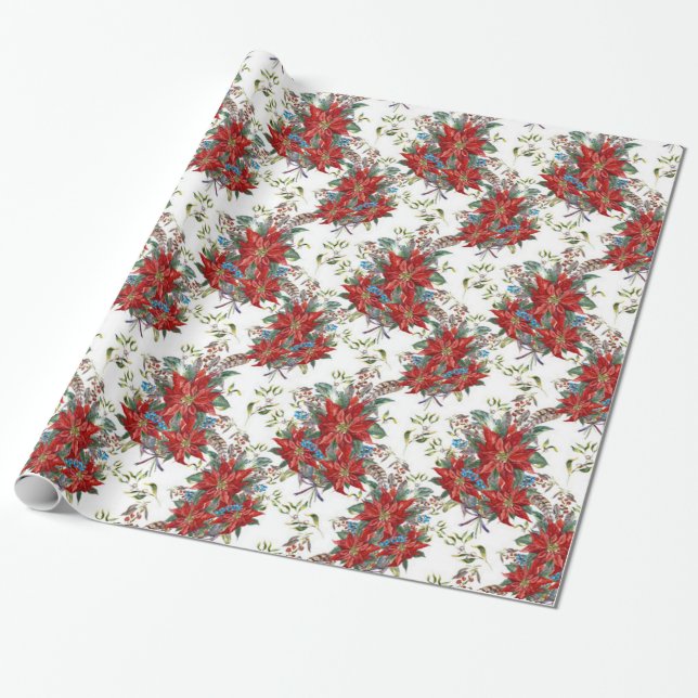 Papel De Presente Papel Festivo Rich Vermelho Poinsettia, para lavag (Desenrolado)