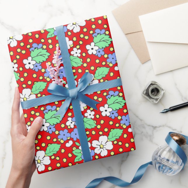 Papel De Presente Papel Floral de Brilho Vermelho e Branco (Presentear)