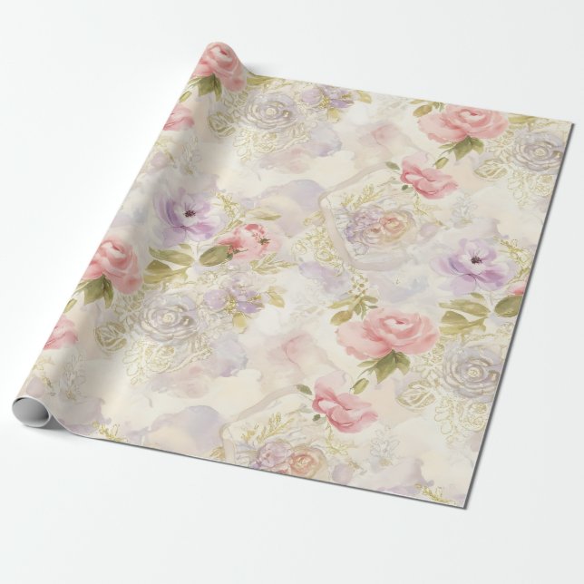 Papel De Presente Papel Floral Romântico por Aquarela - Elegan (Desenrolado)