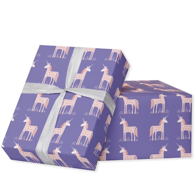 Papel De Presente Papel Mágico de ondulação Roxo Unicorn (Purple magical unicorn pattern gift wrapping paper roll)