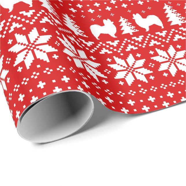 Papel De Presente Papillon Dog Silhouettes Padrão de Natal (Ponta do rolo)