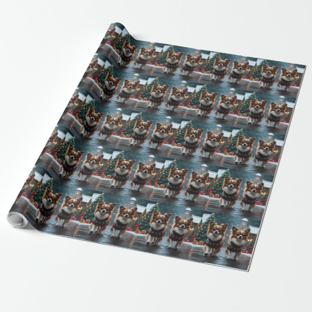 Papel De Presente Papillon Dogs Christmas Snow Holiday (Desenrolado)
